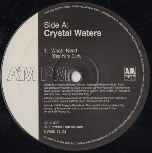 Crystal Waters : What I Need (David Morales + Basement Boys Remixes) / Ghetto Day (2x12", Promo)