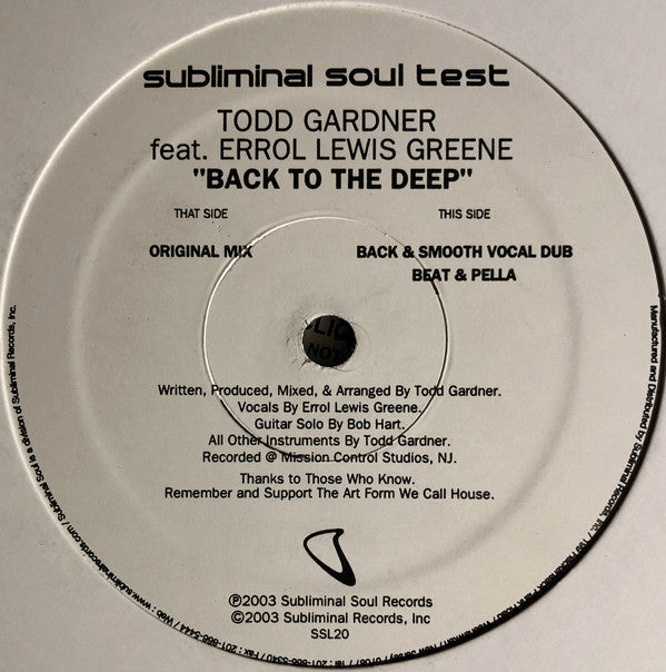 Todd Gardner : Back 2 Deep (12", TP)