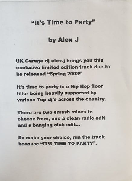 Alex J (7) : It's Time To Party (12", Single, W/Lbl)