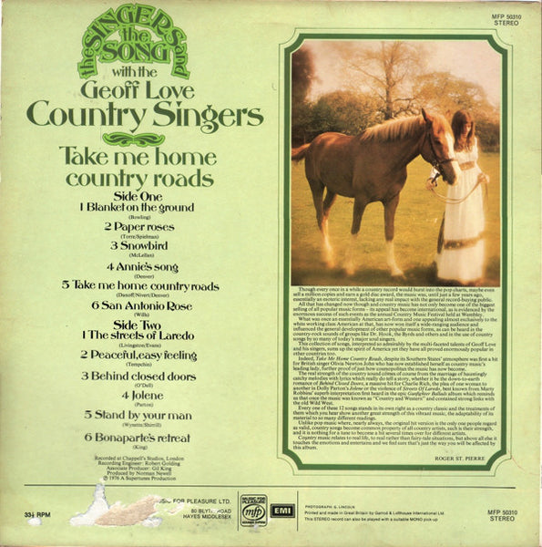 The Geoff Love Country Singers : Take Me Home Country Roads (LP, RE)