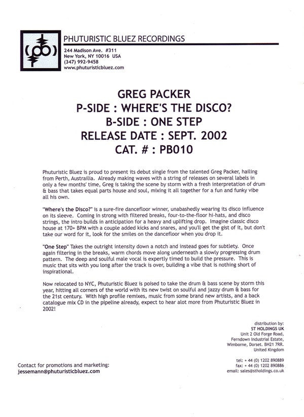 Greg Packer : Where's The Disco? (12", Single, Promo, W/Lbl)