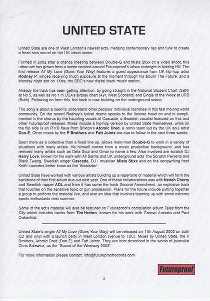 United State Feat. Rodney P : All My Love (Goes Your Way) (12", Promo, W/Lbl, Sta)