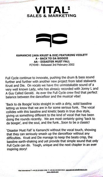 I Kamanchi* : Back To Da Boogie / Disaster Must Fall (12", W/Lbl)