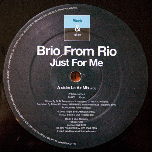 Brio From Rio : Just For Me (12")