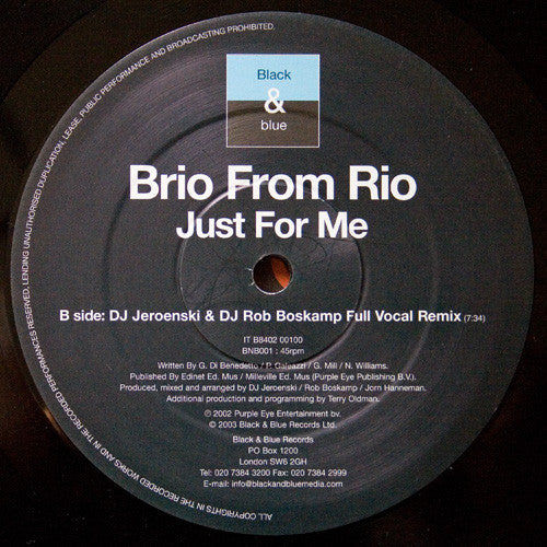 Brio From Rio : Just For Me (12")