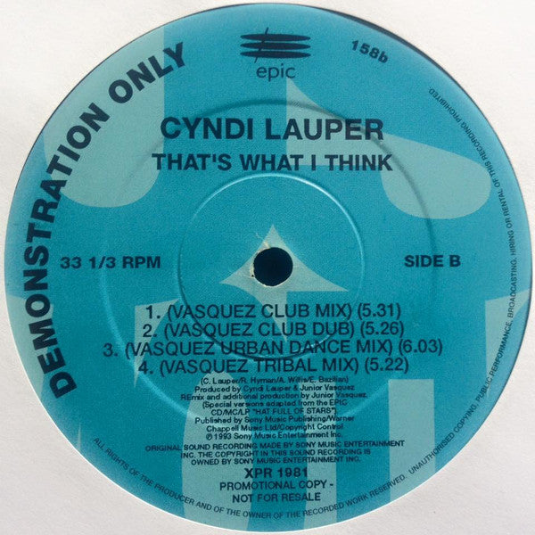 Cyndi Lauper : That's What I Think (12", Promo)