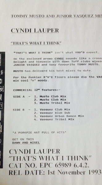 Cyndi Lauper : That's What I Think (12", Promo)