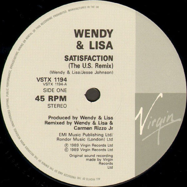 Wendy & Lisa : Satisfaction (U.S. Remix) (12", Single)