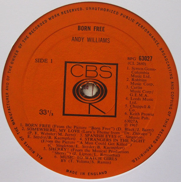 Andy Williams : Born Free (LP, Album, Mono)