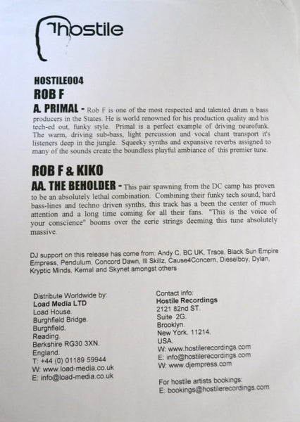 Rob F / Kiko & Rob F : Primal / The Beholder (12", W/Lbl)