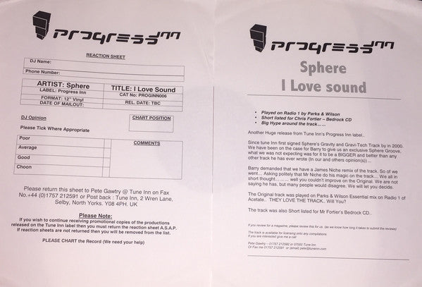 Sphere : I Love Sound (12", Promo, W/Lbl, Sti)