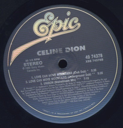 Celine Dion* : Love Can Move Mountains (12", Single)