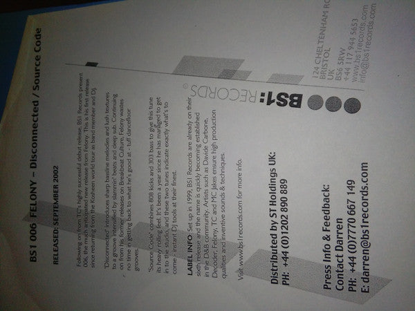 Felony : Disconnected / Source Code (12", Promo, W/Lbl)