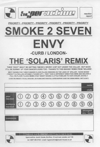 Smoke 2 Seven : Envy (Solaris Remix) (12", S/Sided, Promo)