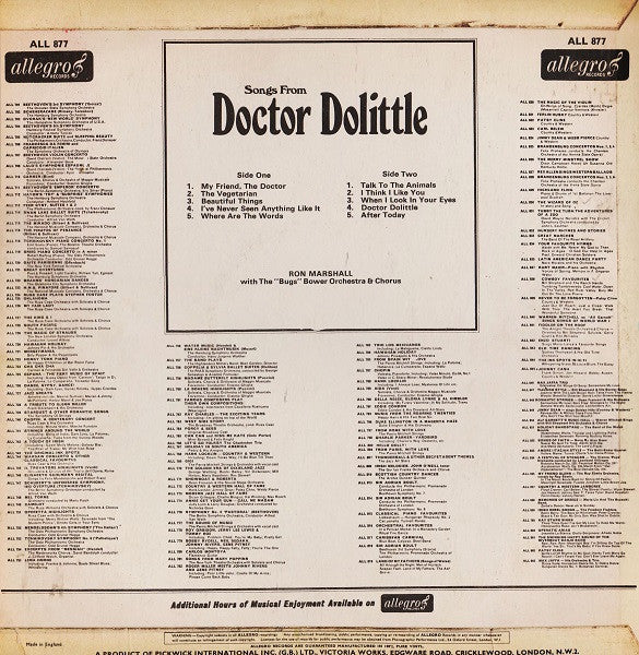 Ron Marshall With The "Bugs" Bower Orchestra & Chorus* : Songs From Doctor Dolittle  (LP)