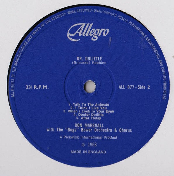 Ron Marshall With The "Bugs" Bower Orchestra & Chorus* : Songs From Doctor Dolittle  (LP)