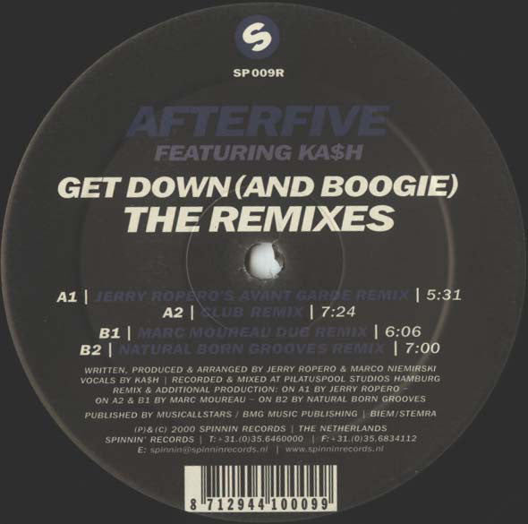 Afterfive Featuring Ka$h : Get Down (And Boogie) (The Remixes) (12")