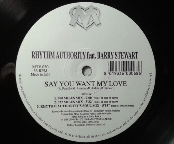 Rhythm Authority Feat. Barry Stewart : Say You Want My Love (12")