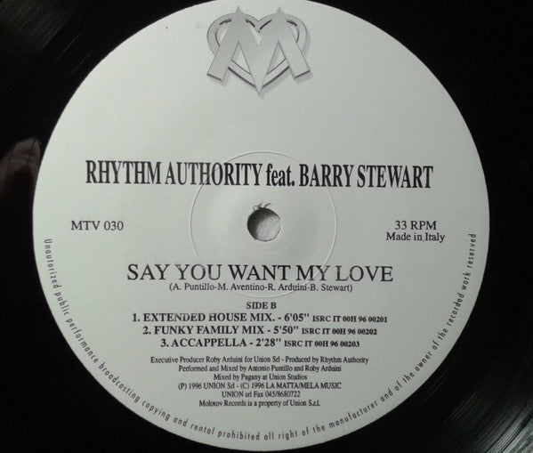 Rhythm Authority Feat. Barry Stewart : Say You Want My Love (12")