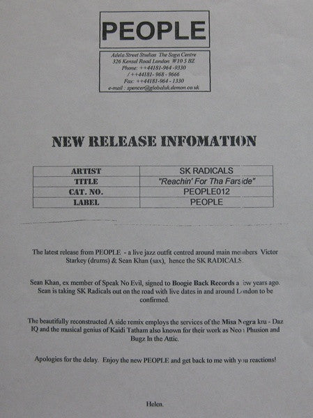 SK Radicals : Reachin' For Tha Farside (12", Promo, W/Lbl)