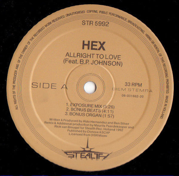 Hex (4) Feat. B.P. Johnson : Alright To Love (Remix) (12")