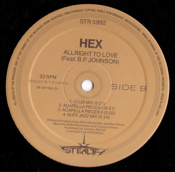 Hex (4) Feat. B.P. Johnson : Alright To Love (Remix) (12")