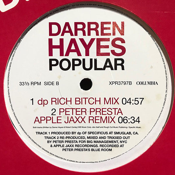 Darren Hayes : Popular (12", Promo)