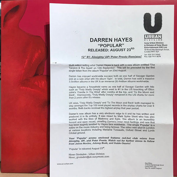 Darren Hayes : Popular (12", Promo)