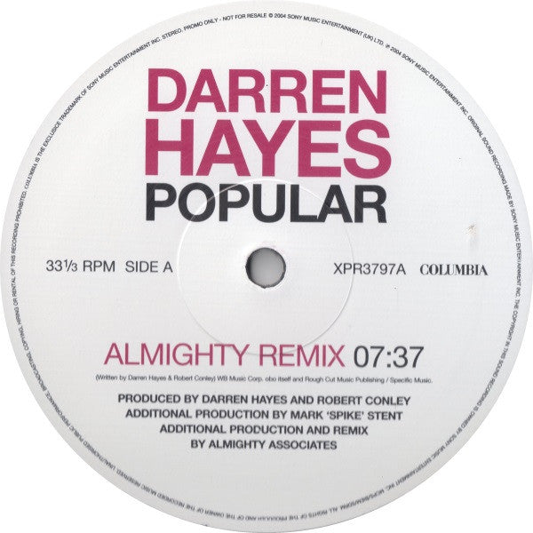 Darren Hayes : Popular (12", Promo)