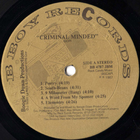 Boogie Down Productions : Criminal Minded (LP, Album, RE)