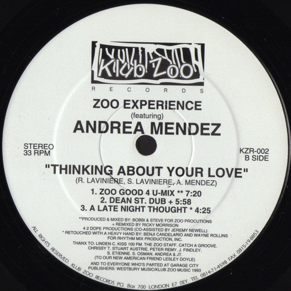 Zoo Experience Featuring Andrea Mendez : Thinking About Your Love (12")