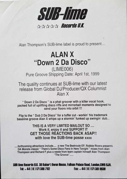 Alan X : Down 2 Da Disco (12", Promo)