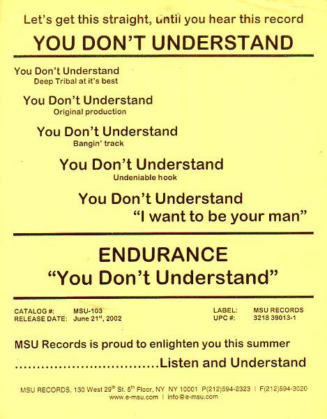 Endurance : You Don't Understand (12", Promo)