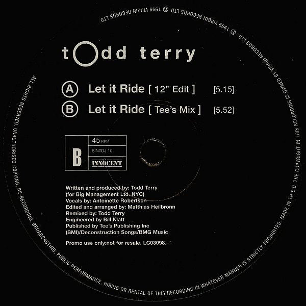 Todd Terry : Let It Ride (12", Promo)