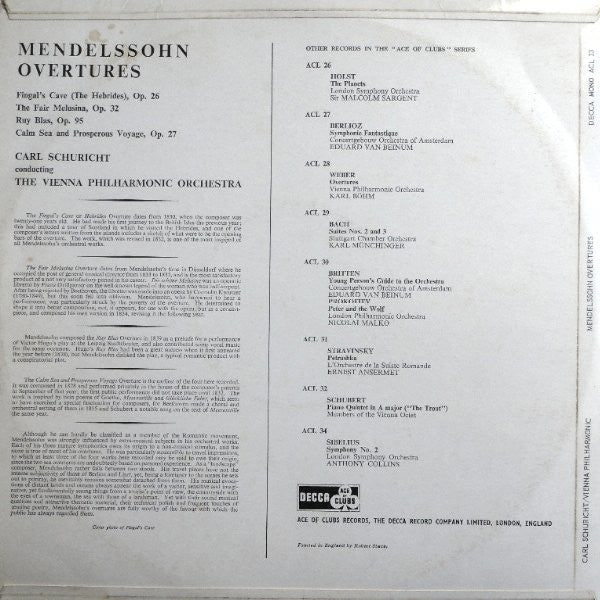 Mendelssohn* - Vienna Philharmonic Orchestra* - Carl Schuricht : Mendelssohn Overtures (LP, Mono)