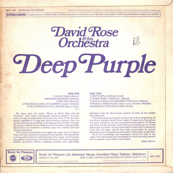 David Rose & His Orchestra : Deep Purple (LP, RE)
