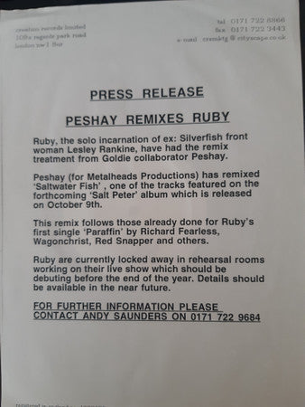 Ruby : Salt Water Fish (Peshay Remix) (12", S/Sided, Promo)