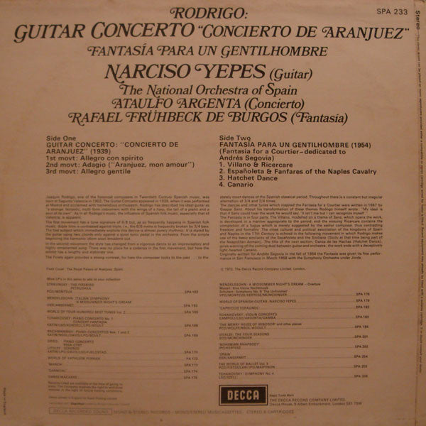 Joaquín Rodrigo, Narciso Yepes, Orquesta Nacional De España, Ataúlfo Argenta ; Rafael Frühbeck De Burgos : Guitar Concerto (LP, Comp, RP, Blu)