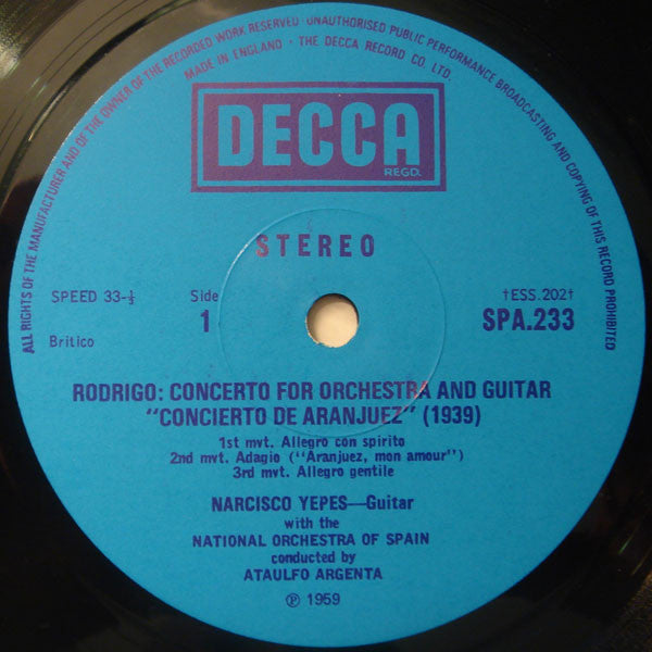 Joaquín Rodrigo, Narciso Yepes, Orquesta Nacional De España, Ataúlfo Argenta ; Rafael Frühbeck De Burgos : Guitar Concerto (LP, Comp, RP, Blu)