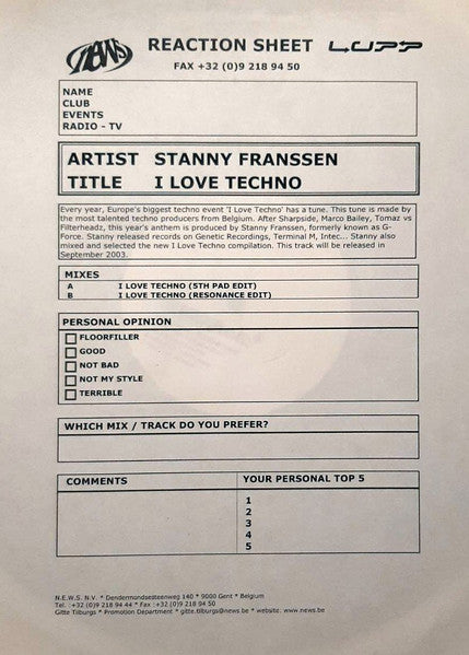 Stanny Franssen : I ♥ Techno Anthem 2003 (12", W/Lbl)