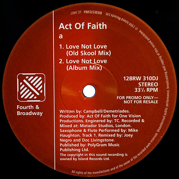 Act Of Faith : Love Not Love (12", Promo)