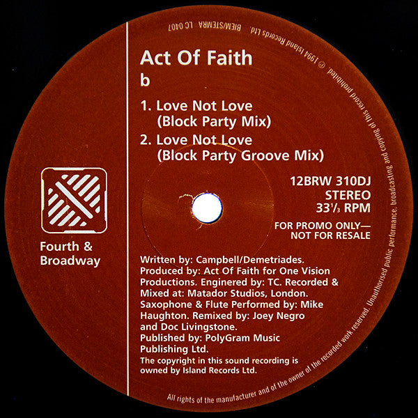 Act Of Faith : Love Not Love (12", Promo)