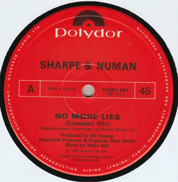 Sharpe & Numan : No More Lies (Extended Mix) (12", Single)