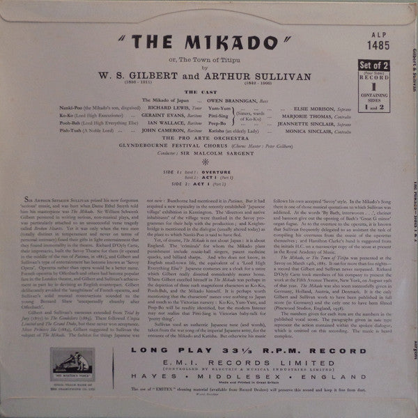 Gilbert & Sullivan - Owen Brannigan, Richard Lewis (3), Geraint Evans, Ian Wallace (3), John Cameron, Elsie Morison, Marjorie Thomas, Jeannette Sinclair, Monica Sinclair, Glyndebourne Festival Chorus, Pro Arte Orchestra, Sir Malcolm Sargent : The Mikado (2xLP, Mono)