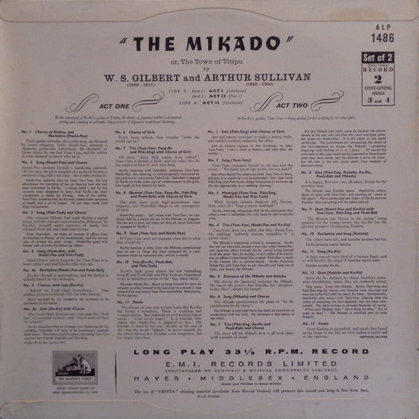 Gilbert & Sullivan - Owen Brannigan, Richard Lewis (3), Geraint Evans, Ian Wallace (3), John Cameron, Elsie Morison, Marjorie Thomas, Jeannette Sinclair, Monica Sinclair, Glyndebourne Festival Chorus, Pro Arte Orchestra, Sir Malcolm Sargent : The Mikado (2xLP, Mono)