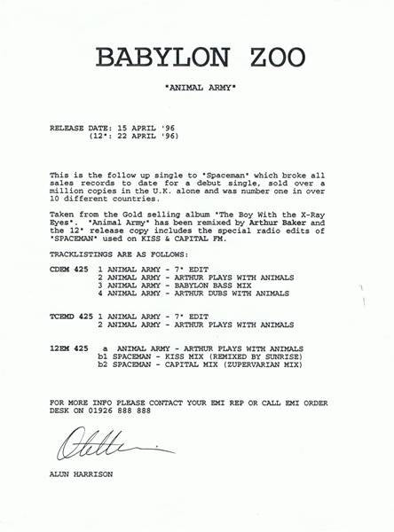 Babylon Zoo : Animal Army (12", Single, Promo)