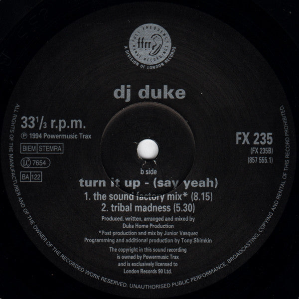 DJ Duke : Turn It Up (Say Yeah) (12", Single)