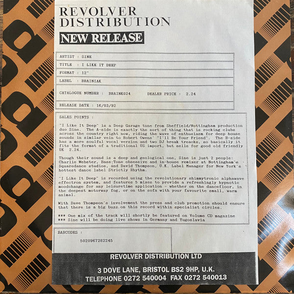 Sine : I Like It Deep (12", W/Lbl)