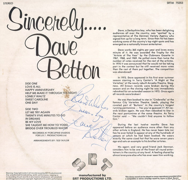 Dave Betton : Sincerely..... (LP)