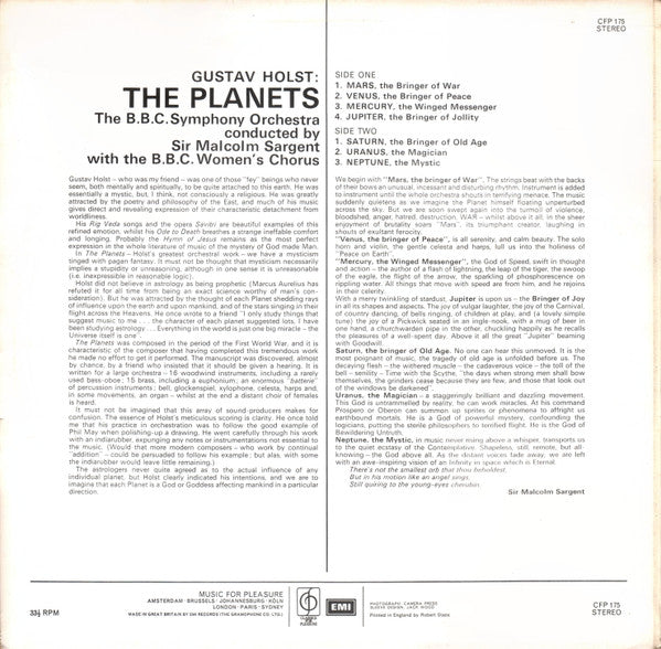 Holst* - BBC Symphony Orchestra Conducted By Sir Malcolm Sargent : The Planets (LP, Bla)